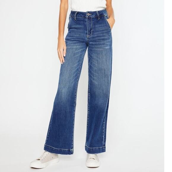 Kancan Women's 29 Junior 11 High Rise Wide Leg Trouser Jeans Medium Stonewash - Picture 1 of 10